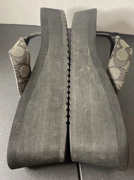 COACH Classic Platform Wedge Flip Flop Sandals Size 8-9 Black/Gray Logo