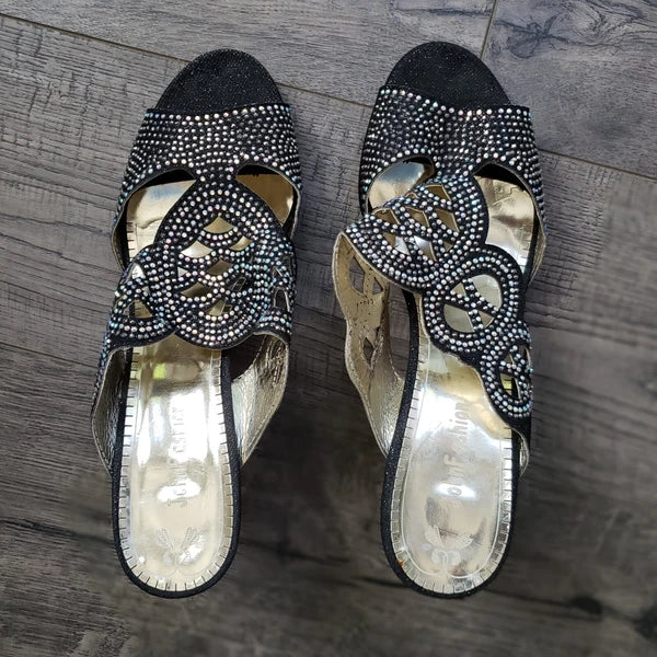 JOHN FASHION Black Rhinestone Perforated Slide Sandal Women's Size 8