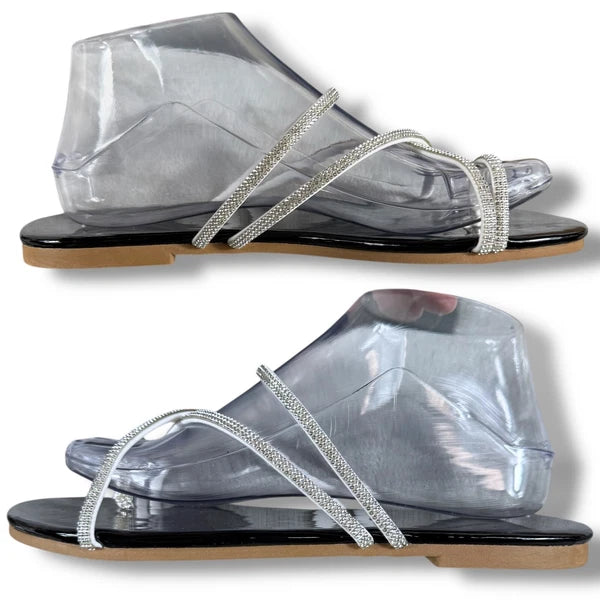 Boutique Rhinestone Sandals Women's Thong Strap Diamante Flat Sandal Slides Sz 9