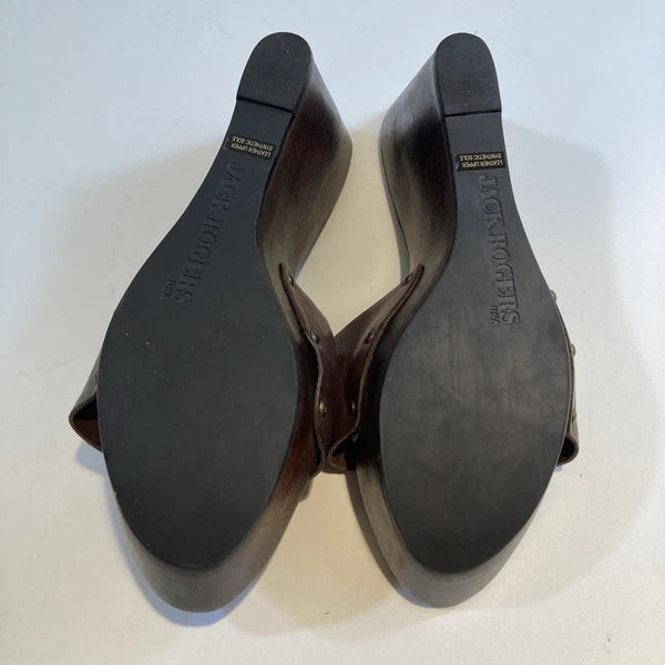Jack Roger Brown Leather Wood Wedge Sandals Size 10M