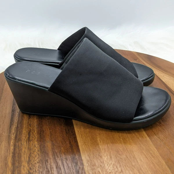 Pesaro Sara Slides Mules Sandals 9.5 Black Fabric Stretch Wedges 90s Y2K Popular