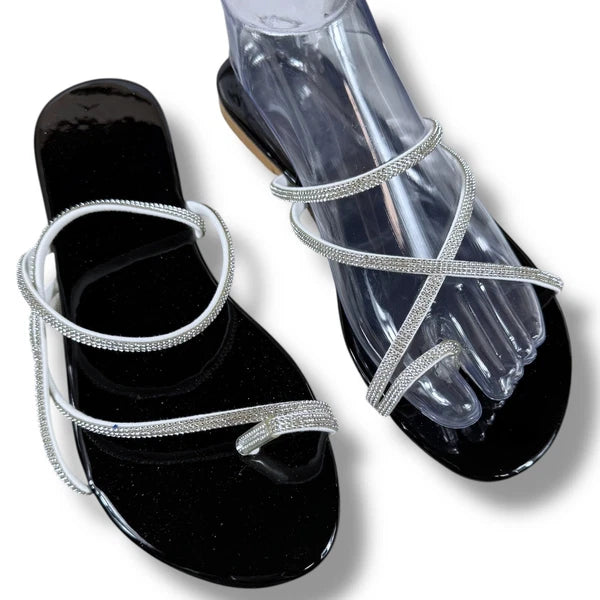 Boutique Rhinestone Sandals Women's Thong Strap Diamante Flat Sandal Slides Sz 9