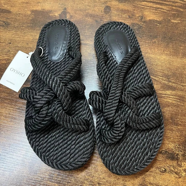 OYSHO Rope Slide Sandals 8 Womens Black Slip On Beach Boho Open Toe Casual New