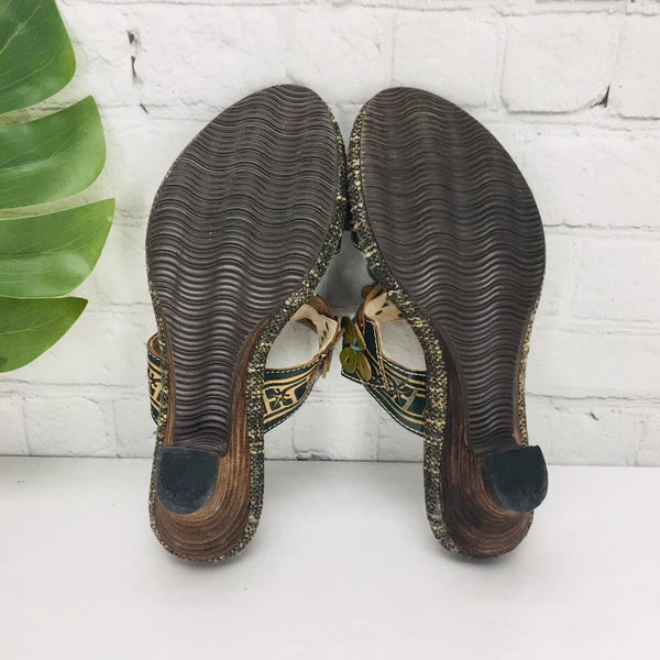 Spring Step Slide Sandal Womens 37/US 6.5 Green Leather Slip-On Low Heel Floral