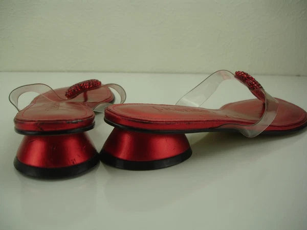 Women's 9 M J. Renee Carlata Red Rhinestones Heart Clear Thong Sandals Thong NWT