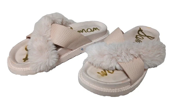 Sam Edelman Fuzzy Slide Sandals Women's Size 6 Pink Leather Faux Fur Open Toe