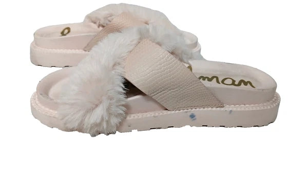 Sam Edelman Fuzzy Slide Sandals Women's Size 6 Pink Leather Faux Fur Open Toe