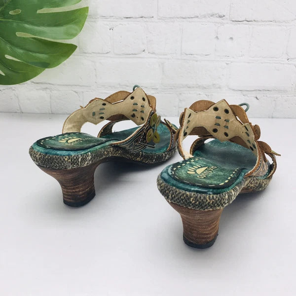 Spring Step Slide Sandal Womens 37/US 6.5 Green Leather Slip-On Low Heel Floral