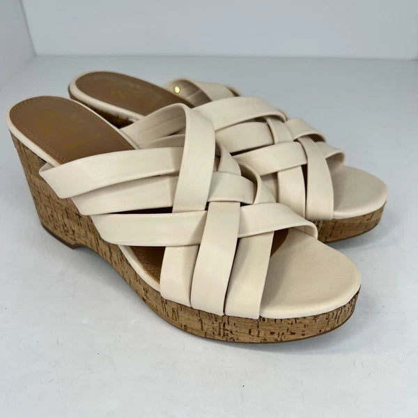 Sam & Libby Womens Cayla Ivory Faux Leather Cork Wedge Slide Size 9 Sandals