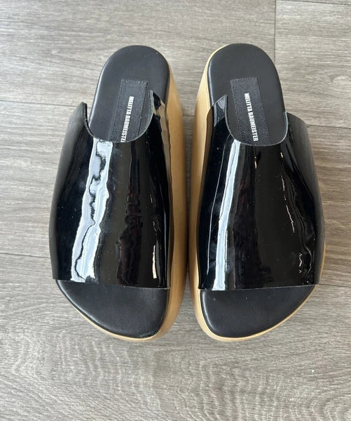 MELITTA BAUMEISTER Wood Platform Patent Leather Slide Sandals Designer Shoes 7