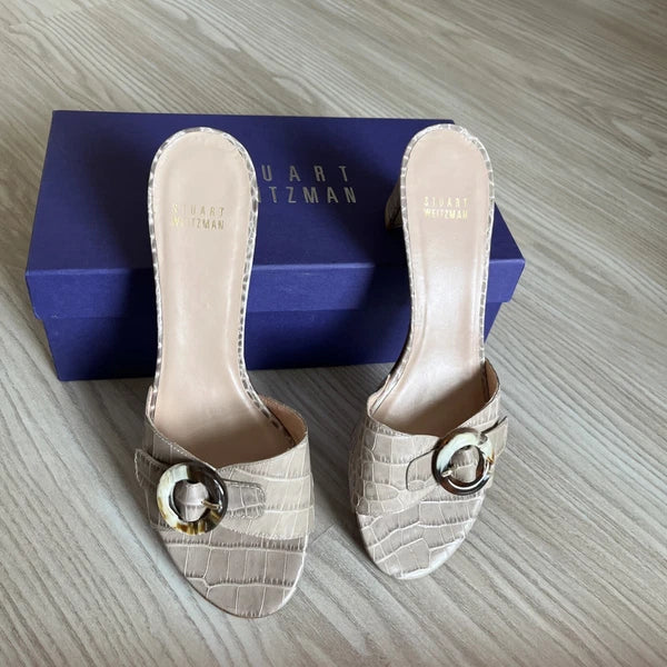 STUART WEITZMAN Style 87580 Taupe Croc Embossed Leather Heels Sandals Size 8.5M
