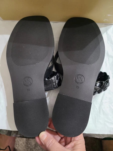 Michael Kors Alba Braided Thong Slide, Faux Leather, Black, Women's 7M, NEW