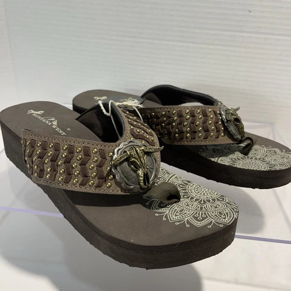 Montana West Silver/Bronze Longhorn&Bronze Stud Western Style Wedge Sandals Sz10