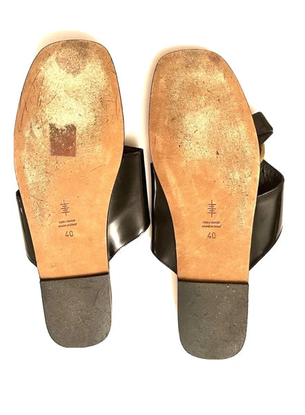 Alumnae Black Asymmetrical Leather ring flat sandals size 40 US 9