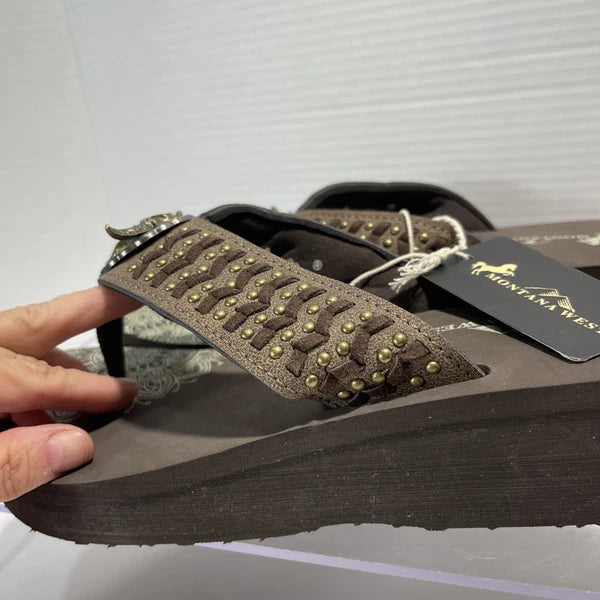 Montana West Silver/Bronze Longhorn&Bronze Stud Western Style Wedge Sandals Sz10