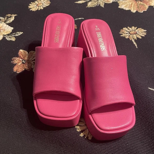 Dream Pair Pink Chunky Block Platform Heel Slide Mules Y2K Style Sandals Size 8