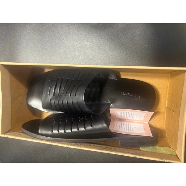 Free People NEW Slice of Sun Black Leather Slide Sandals Woven Slip On Size 8