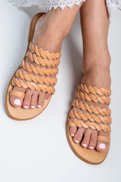 Ancient Greek style beige braidedr strappy real leather slide sandals handmade