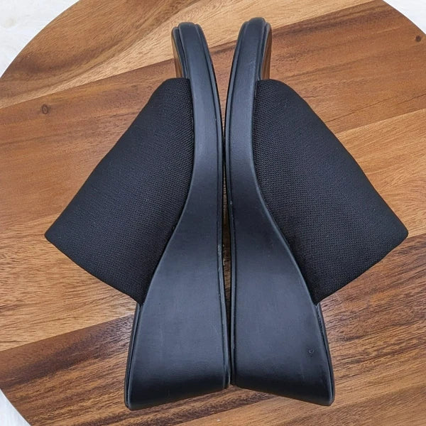 Pesaro Sara Slides Mules Sandals 9.5 Black Fabric Stretch Wedges 90s Y2K Popular