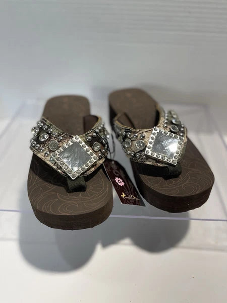 Montana West Rhinestone & Silver Stud Camo Western Style Wedge Sandals Sz6-6.5