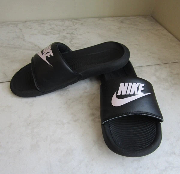 NIKE Swoosh Black/White Logo Wide Strap Slides Sandal Shoes Women's Size 7 EU 38