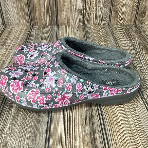 Crocs Womens Floral Design Gray Fur Lined Comfort Slides Shoes Size 11