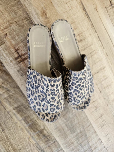 Stuart Weitzman Womens Flatout Leopard Canvas Raffia Flatform Slide Sandals 8.5