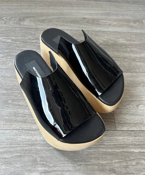 MELITTA BAUMEISTER Wood Platform Patent Leather Slide Sandals Designer Shoes 7
