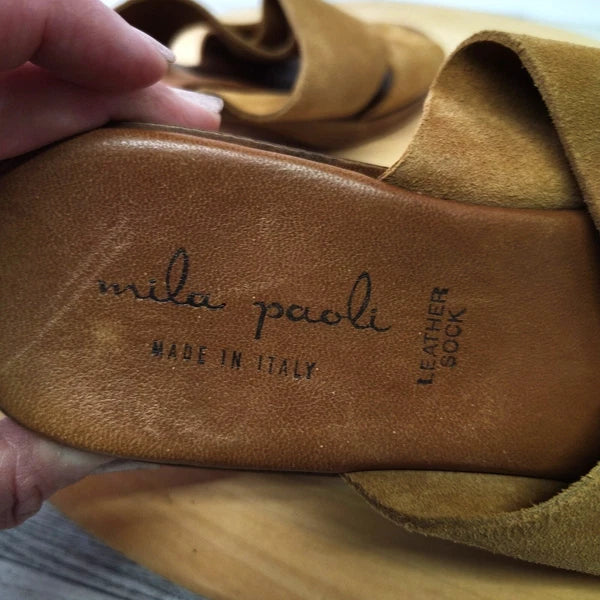 Mila Paoli Suede Mules Slides Chunky Block Heel 2.25" Sandals Italy Brown Size 8