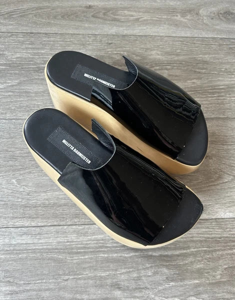 MELITTA BAUMEISTER Wood Platform Patent Leather Slide Sandals Designer Shoes 7