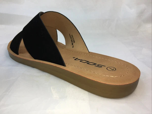 SODA-REFLECT-BLACK NUBUCK PU X BANDS Slide CASUAL Fashion Women Sandal Slip On