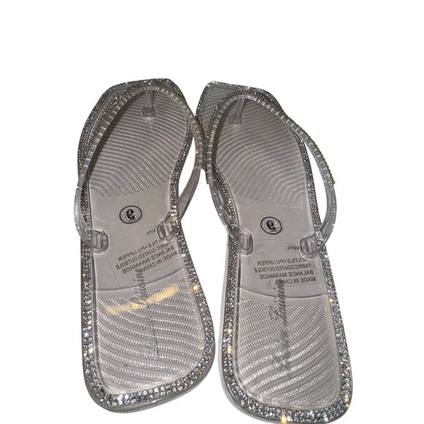 Clear Rhinestone Square Toe Thong Sandals Women's Size 9 Sparkly jellys