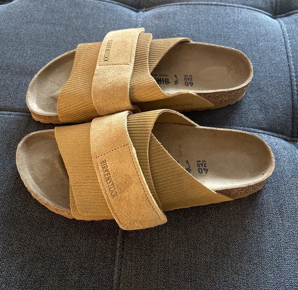 Birkenstock Kyoto Slide Sandal Suede Embossed Corduroy Cork Brown EU 40 W9 M7