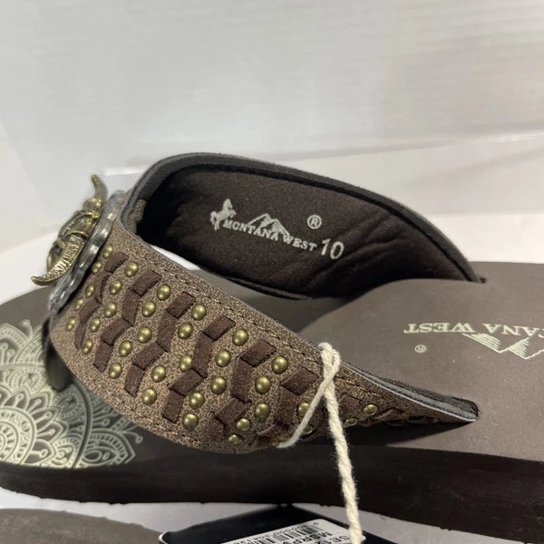 Montana West Silver/Bronze Longhorn&Bronze Stud Western Style Wedge Sandals Sz10
