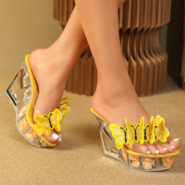 Women Clear Mule Slide Platform Butterfly Transparent Wedge Heel Sandal Slippers