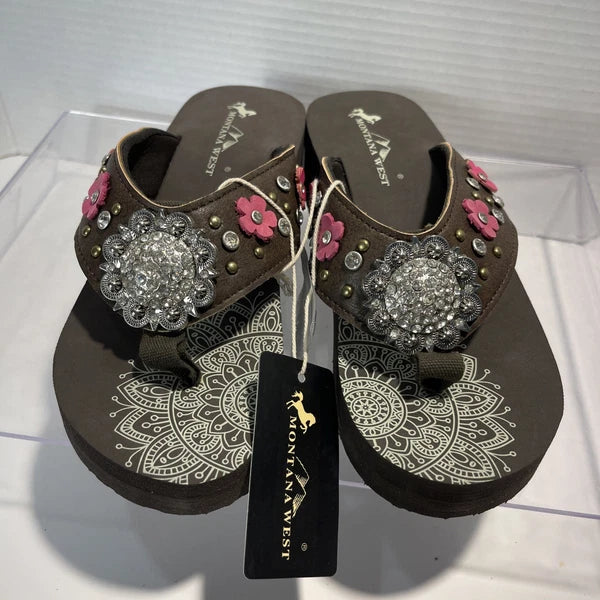 Montana West Flower CutOut Rhinestones/Studs Western Style Wedge Sandals Sz8-8.5