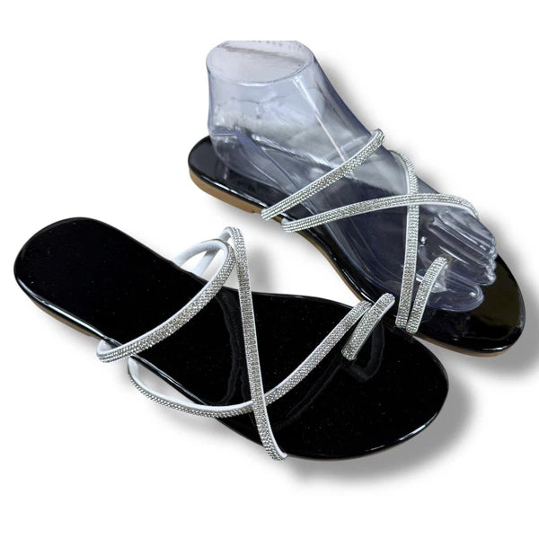 Boutique Rhinestone Sandals Women's Thong Strap Diamante Flat Sandal Slides Sz 9