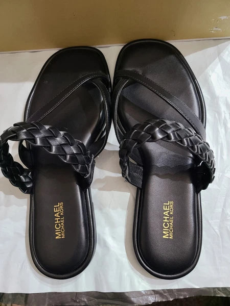 Michael Kors Alba Braided Thong Slide, Faux Leather, Black, Women's 7M, NEW