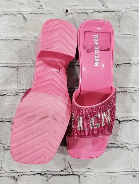 True Religion Bling Silver Pink Stoned Sandals Block Heels WOMENS SIZE 10