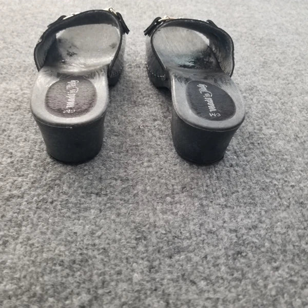 Made in Italy Women Clogs Size US 6M Black Open Toe Wooden Look w Silver Buckle*