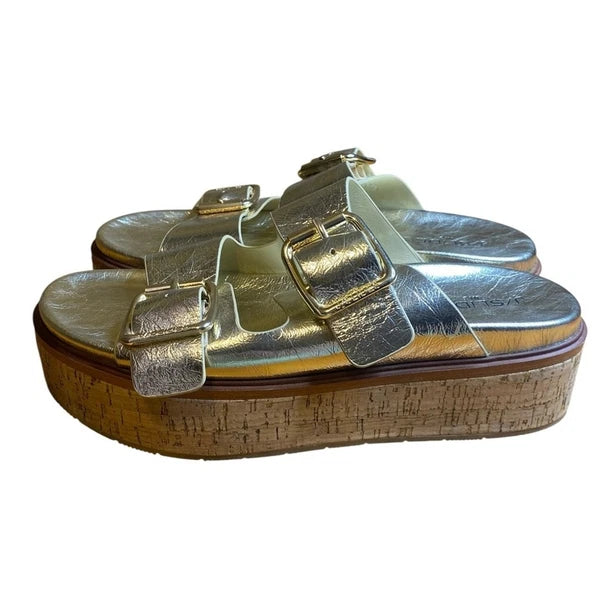 J/Slides Belinda Double Buckle Platform Gold Slide Sandals Women’s Size 10