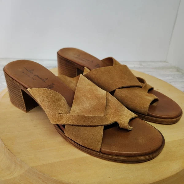 Mila Paoli Suede Mules Slides Chunky Block Heel 2.25" Sandals Italy Brown Size 8