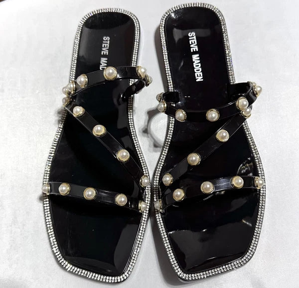 Steve Madden Nonii Womens Sz 10 Jelly Pearl Bling Rhinestone Slide Sandals Black