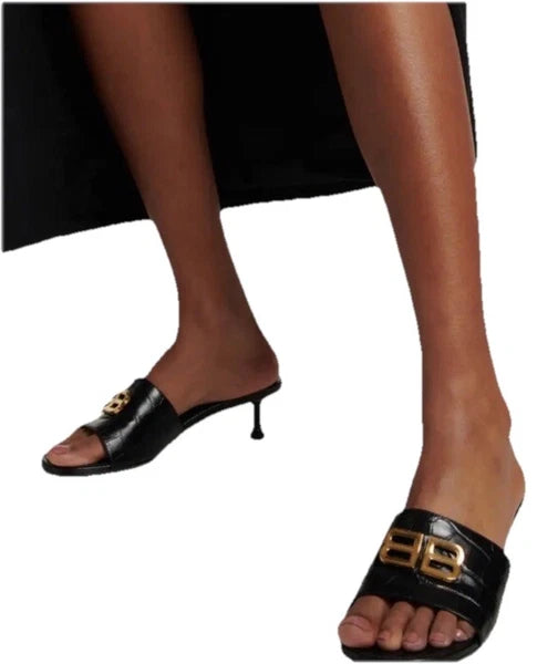 BALENCIAGA Groupie BB Logo Black Slide Sandal Shoes Heels Size 39.5 US 9.5