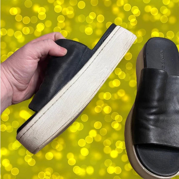 vince. Black Leather Platform Y2K-Style Slide Sandals Size 6