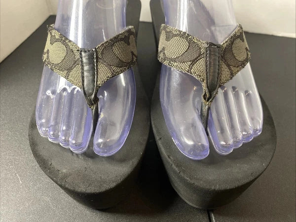 COACH Classic Platform Wedge Flip Flop Sandals Size 8-9 Black/Gray Logo