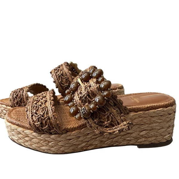 Sam Edelman Woven Raffia Platform Slides Beaded Details Espadrille 7.5 Sandals