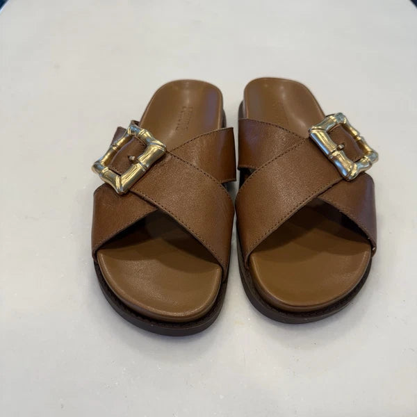 SCHUTZ Enola Crisscross Buckle CAMEL Leather Sandals Slides Women's 7 NEW!