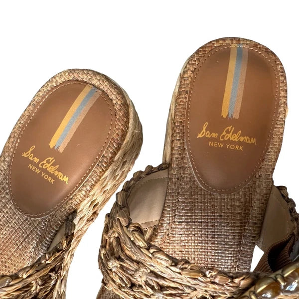 Sam Edelman Woven Raffia Platform Slides Beaded Details Espadrille 7.5 Sandals