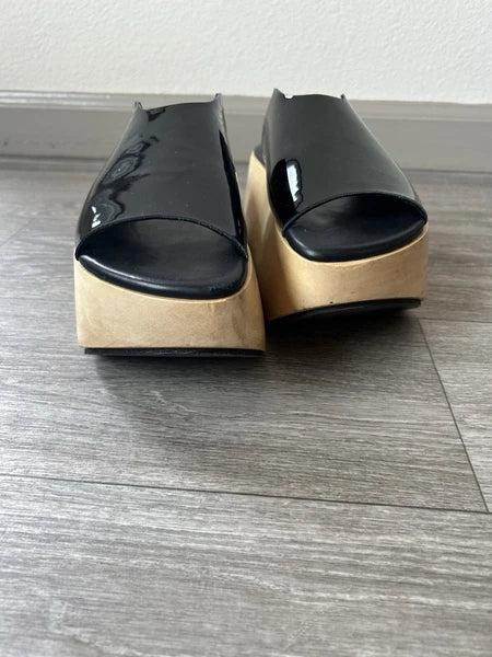 MELITTA BAUMEISTER Wood Platform Patent Leather Slide Sandals Designer Shoes 7